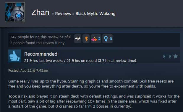 Screenshot of the article titled Dark Legend: Wukong, as reported by Steam Reviews